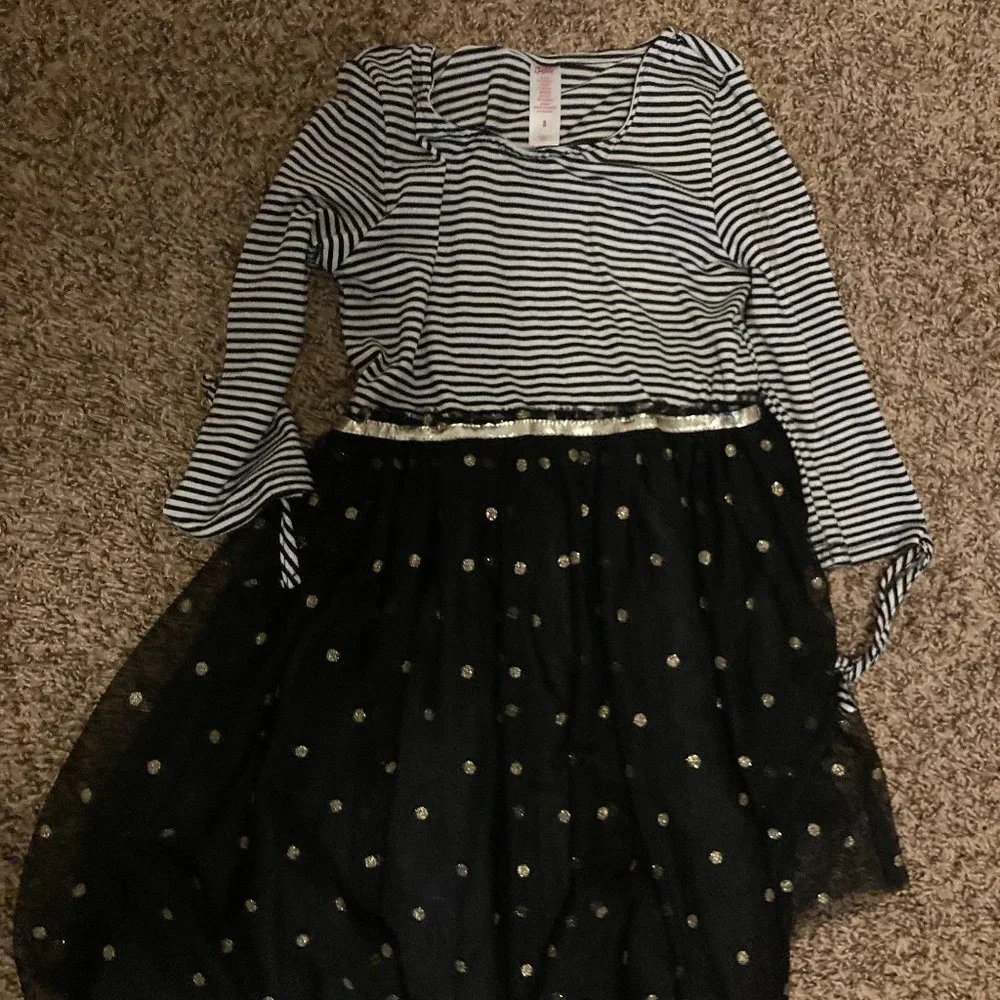 Justice Black and White Striped Dress with Tulle Polka Dot Skirt 10 Long Sleeves